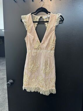 Hello Molly Blush and Gold Embellished V-Neck Mini Dress